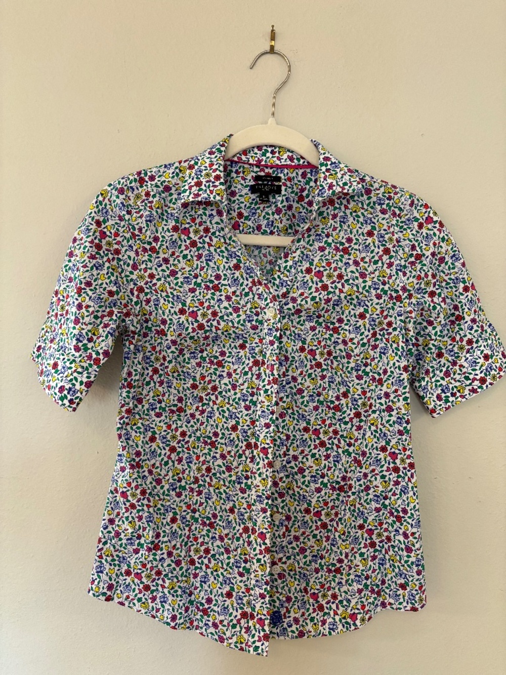 Talbots White Floral Button-Down Shirt with Pink, Blue & Green Print